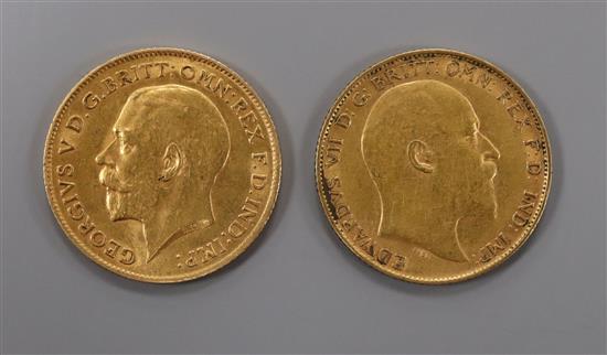 An Edward VII gold half sovereign, 1907 and a George V gold half sovereign, 1911.